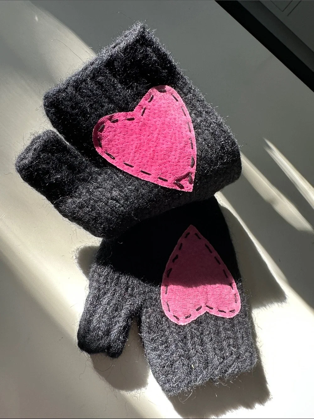 pistil Black Fingerless Knit Gloves with Pink Patch